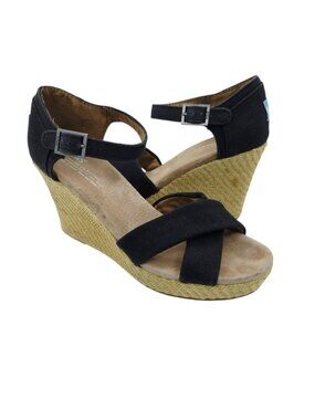 Toms Sienna Black Ankle Strap Espadrille Wedge Sandals Women's Size 9